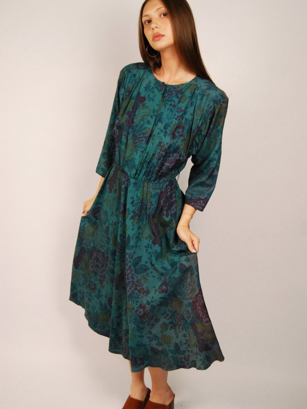 80s Blouson Dress (M) medium green blue vintage maxi floral long sleeve smart